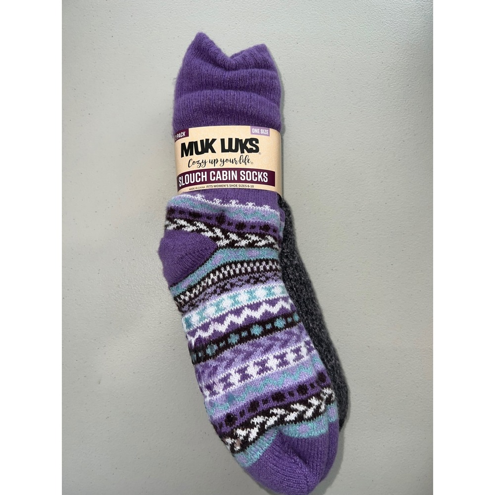 NWT Muk Luks 2 Pairs of Slouch Cabin Socks Purple Fairisle One Size